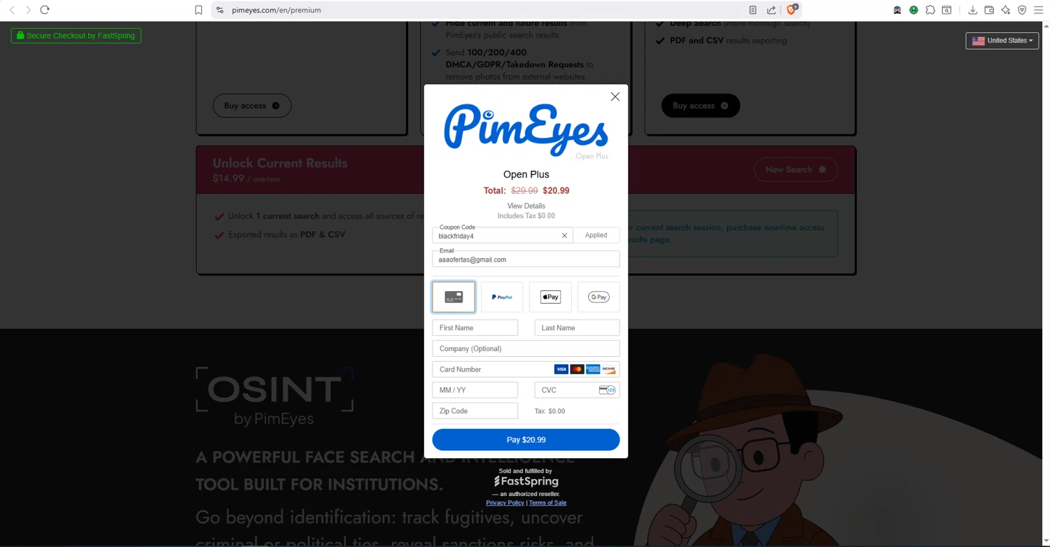 PimEyes promo code screenshot showing code blackfriday4 applied at PimEyes checkout page. Uploaded by SimplyCodes community member dayselis15 on Nov 18, 2025