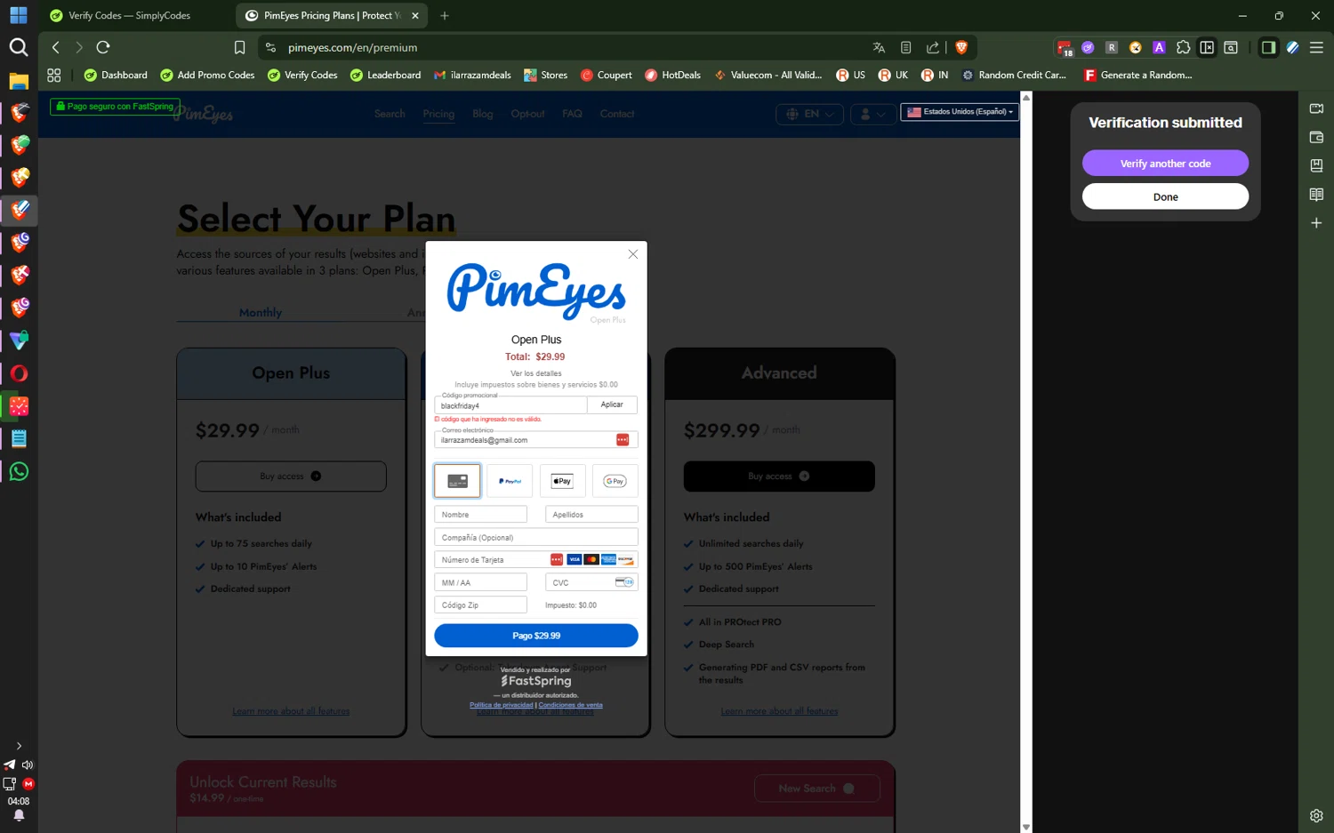 PimEyes promo code screenshot showing code blackfriday4 applied at PimEyes checkout page. Uploaded by SimplyCodes community member SwiftLogic2048 on Dec 9, 2025
