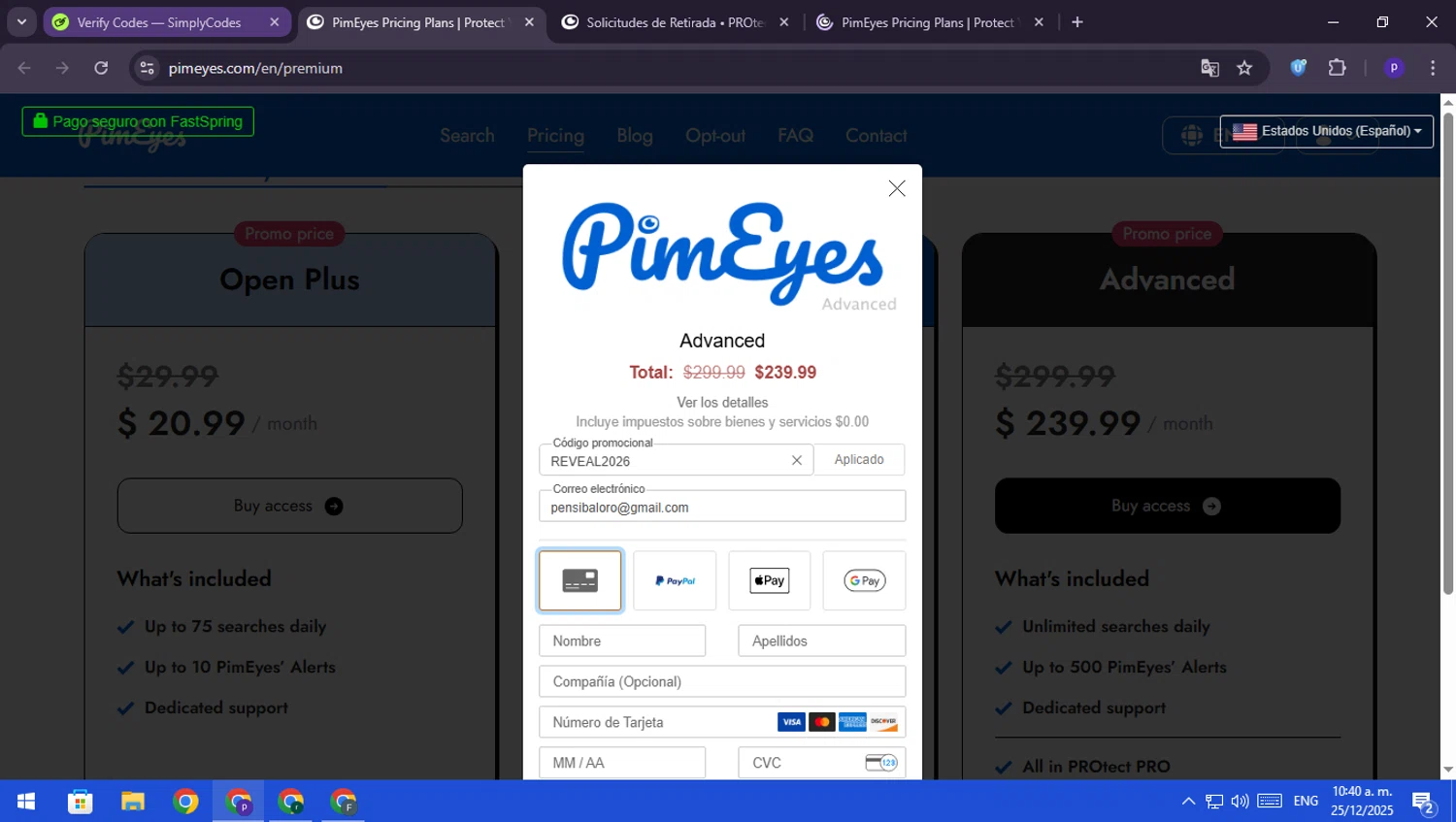PimEyes promo code screenshot showing code REVEAL2026 applied at PimEyes checkout page. Uploaded by SimplyCodes community member RebateScout6612 on Dec 25, 2025