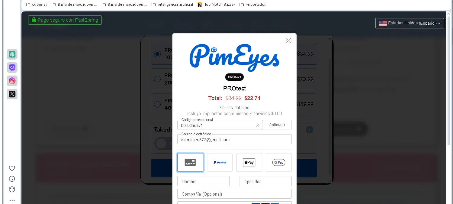 PimEyes promo code screenshot showing code blackfriday4 applied at PimEyes checkout page. Uploaded by SimplyCodes community member shark12 on Nov 18, 2025