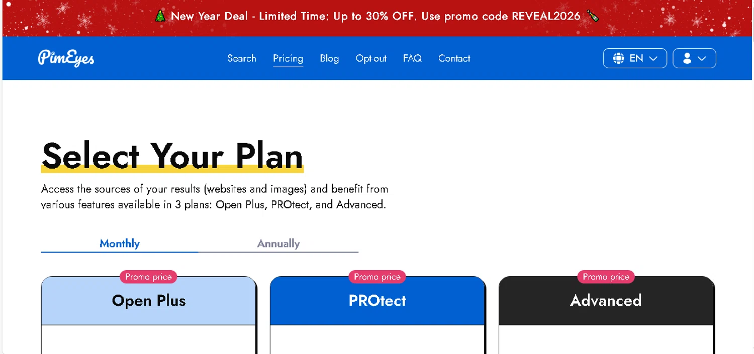 PimEyes promo code screenshot showing code REVEAL2026 applied at PimEyes checkout page. Uploaded by SimplyCodes community member shark12 on Dec 25, 2025