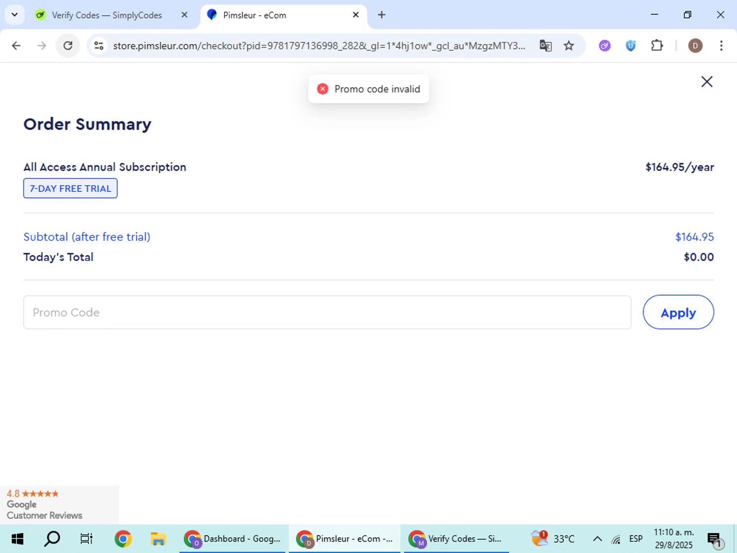 Pimsleur promo code screenshot showing code SAVENOW applied at Pimsleur checkout page. Uploaded by SimplyCodes community member BrilliantWizard8884 on Aug 29, 2025