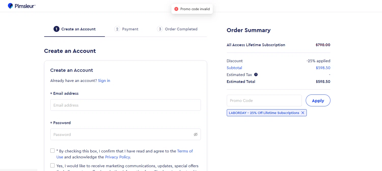 Pimsleur promo code screenshot showing code SAVENOW applied at Pimsleur checkout page. Uploaded by SimplyCodes community member Jessica_Alvarez on Aug 29, 2025