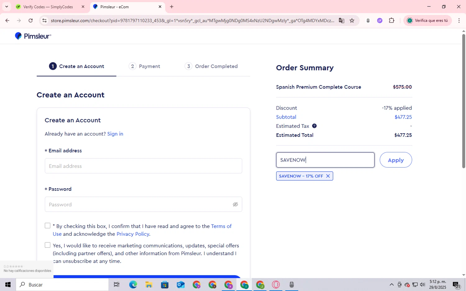 Pimsleur promo code screenshot showing code SAVENOW applied at Pimsleur checkout page. Uploaded by SimplyCodes community member SmartShopper4328 on Aug 29, 2025