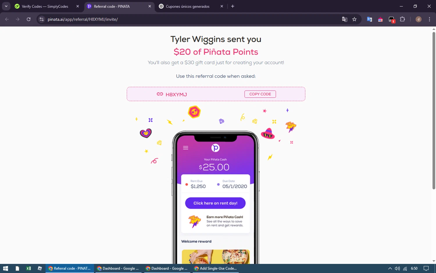 Piñata promo code screenshot showing code H8XYMJ applied at Piñata checkout page. Uploaded by SimplyCodes community member GleynnethR on Mar 28, 2025