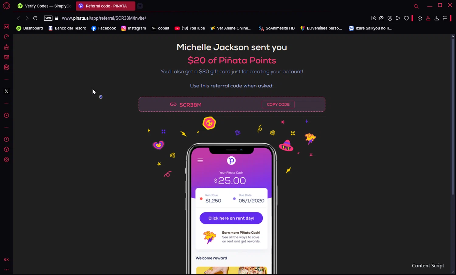 Piñata promo code screenshot showing code SCR38M applied at Piñata checkout page. Uploaded by SimplyCodes community member Ema007 on Apr 13, 2025