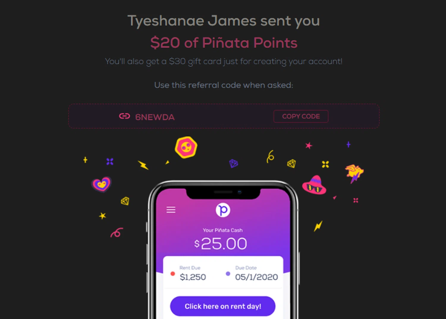 Piñata promo code screenshot showing code 6NEWDA applied at Piñata checkout page. Uploaded by SimplyCodes community member FIREINTHEHOLE on Sep 6, 2025