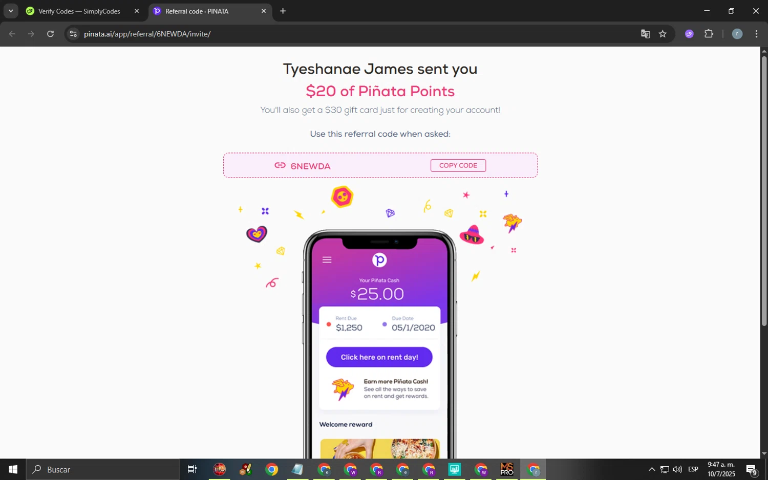 Piñata promo code screenshot showing code 6NEWDA applied at Piñata checkout page. Uploaded by SimplyCodes community member Juancho on Jul 10, 2025