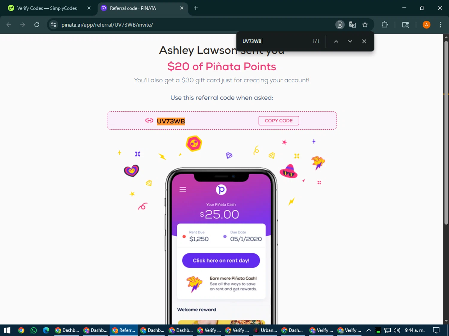 Piñata promo code screenshot showing code UV73WB applied at Piñata checkout page. Uploaded by SimplyCodes community member MoneyPhoenix4664 on Aug 2, 2025
