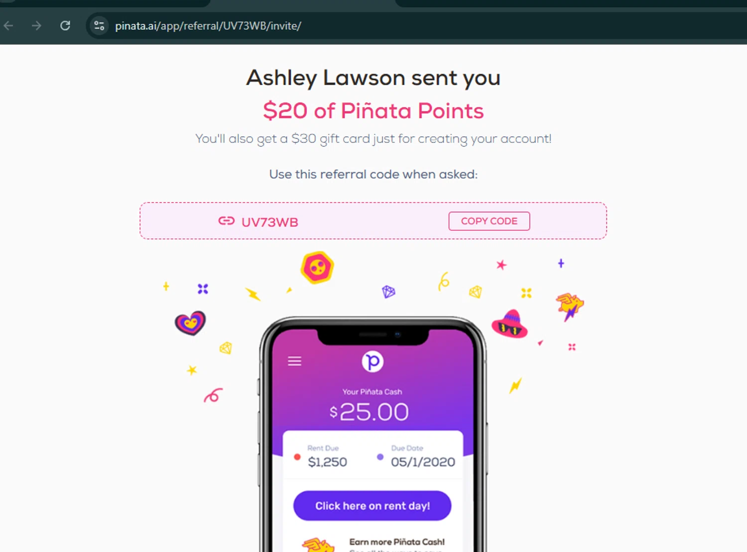 Piñata promo code screenshot showing code UV73WB applied at Piñata checkout page. Uploaded by SimplyCodes community member SwiftHunter4675 on Sep 29, 2025