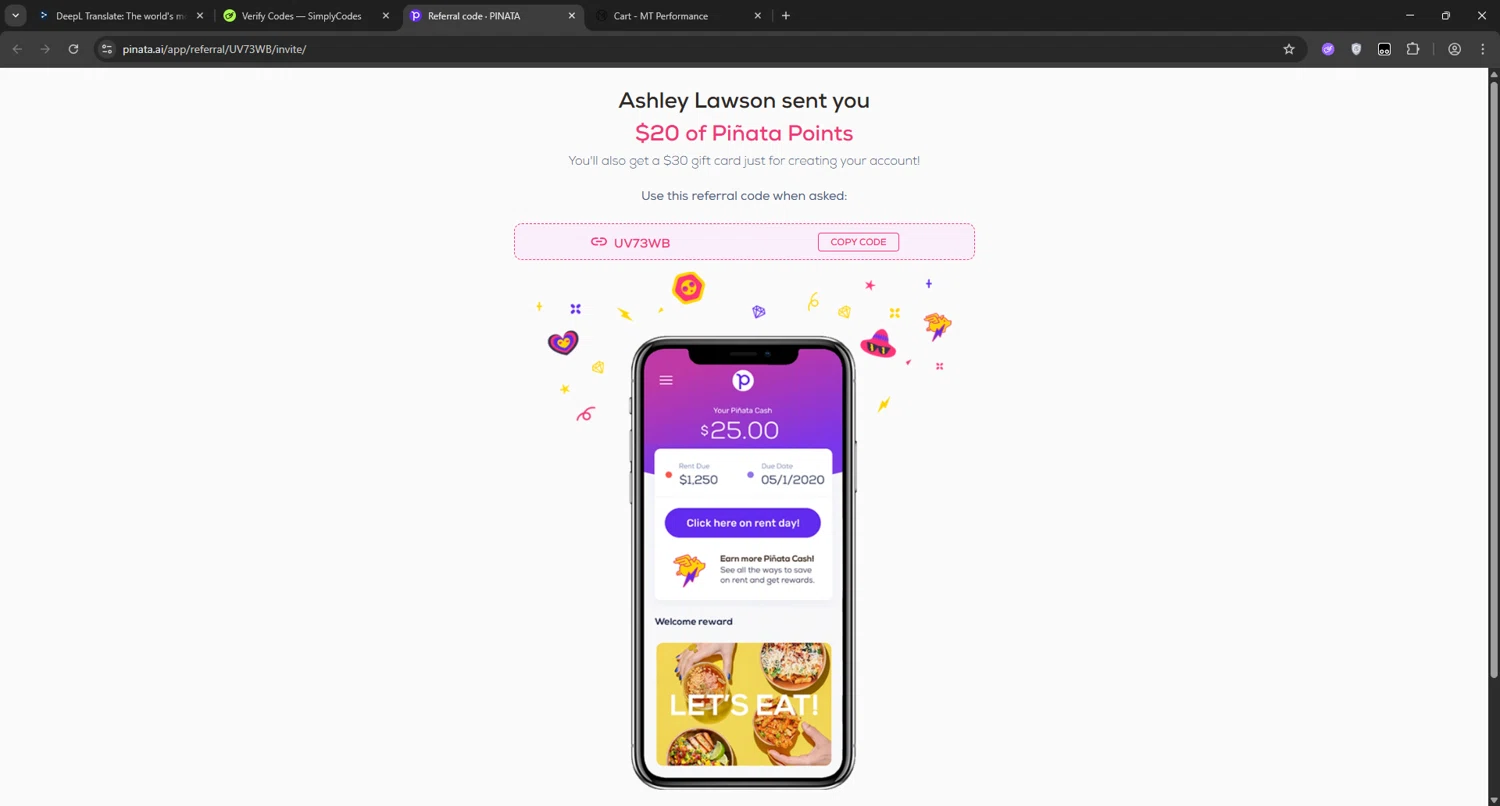 Piñata promo code screenshot showing code UV73WB applied at Piñata checkout page. Uploaded by SimplyCodes community member manuelchirinos2 on Jun 24, 2025
