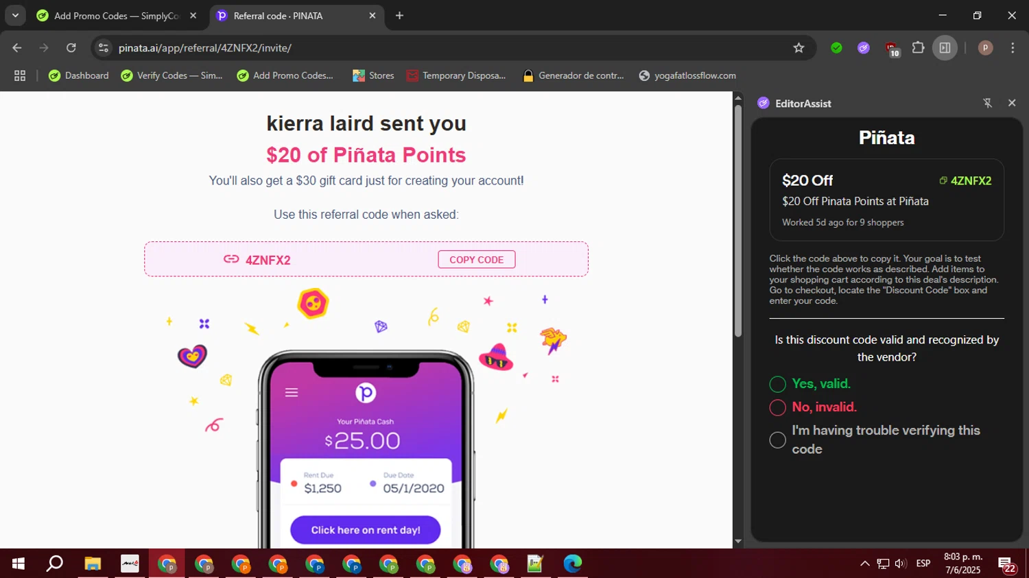 Piñata promo code screenshot showing code 4ZNFX2 applied at Piñata checkout page. Uploaded by SimplyCodes community member PrimeTiger1163 on Jun 8, 2025