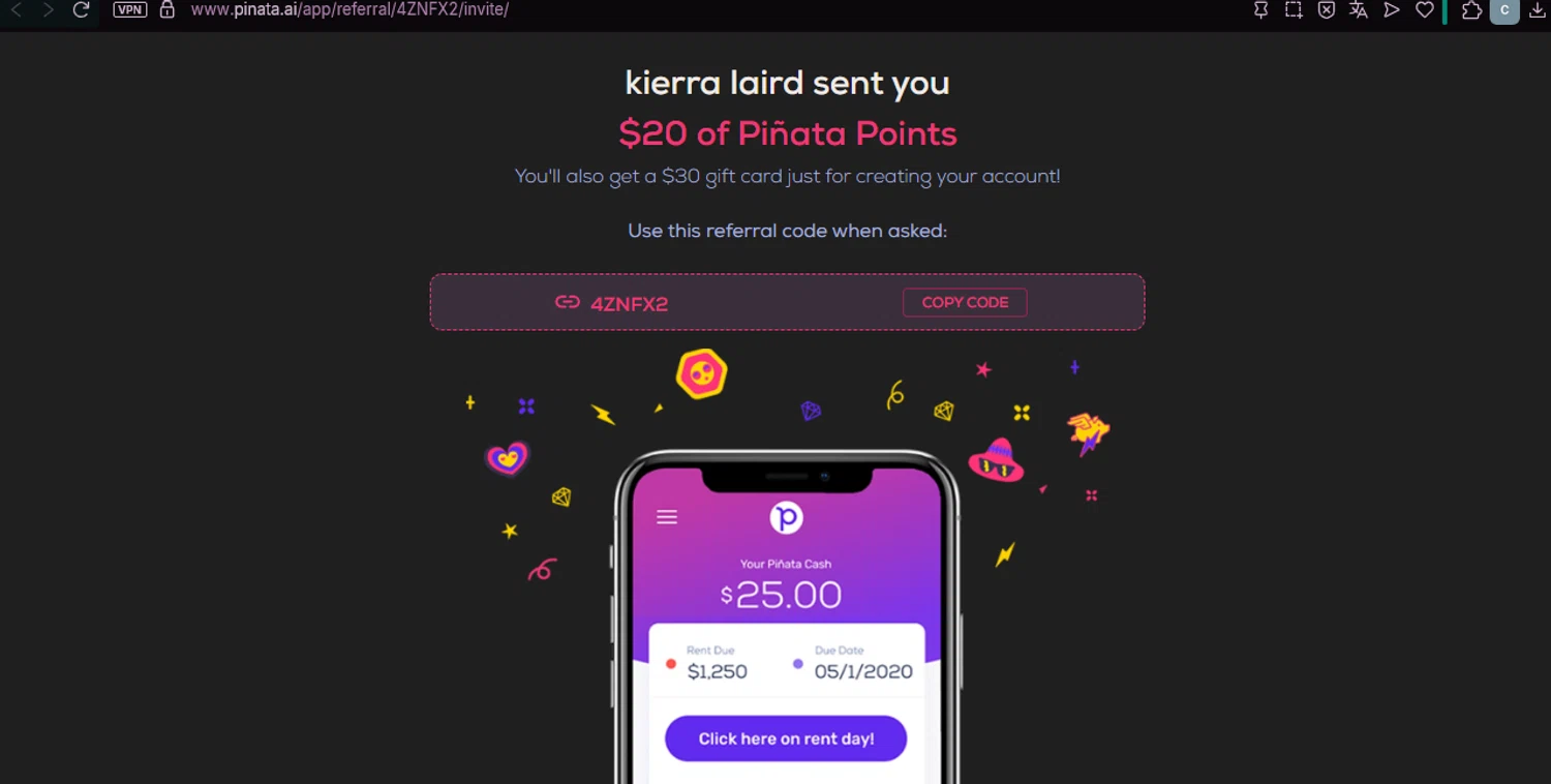 Piñata promo code screenshot showing code 4ZNFX2 applied at Piñata checkout page. Uploaded by SimplyCodes community member chepipi on Jul 6, 2025