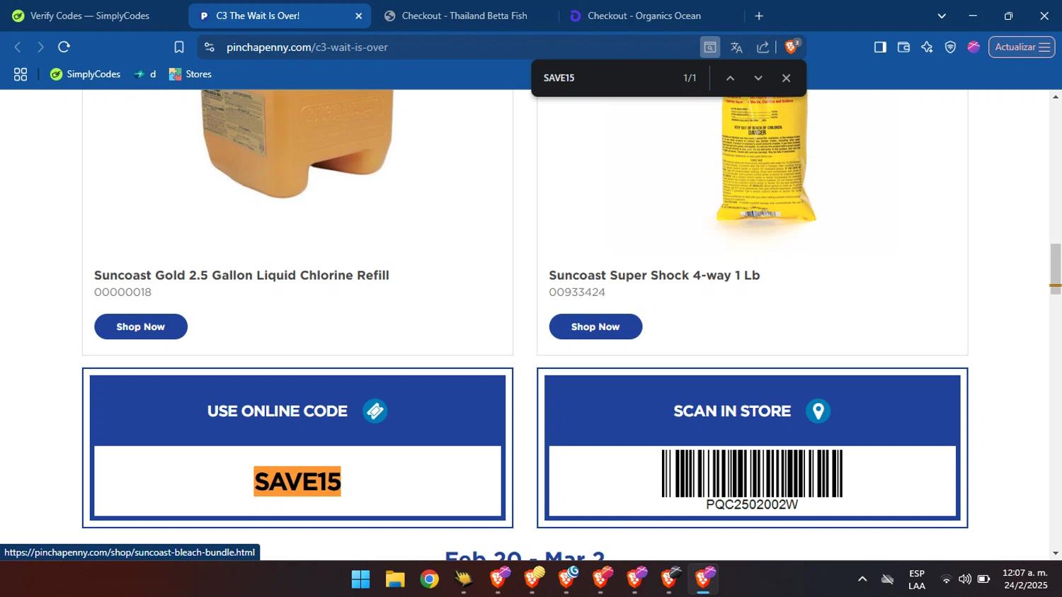 Pinch a Penny checkout page showing Pinch a Penny coupon code box | Screenshot taken by SimplyCodes community member on Feb 24, 2025
