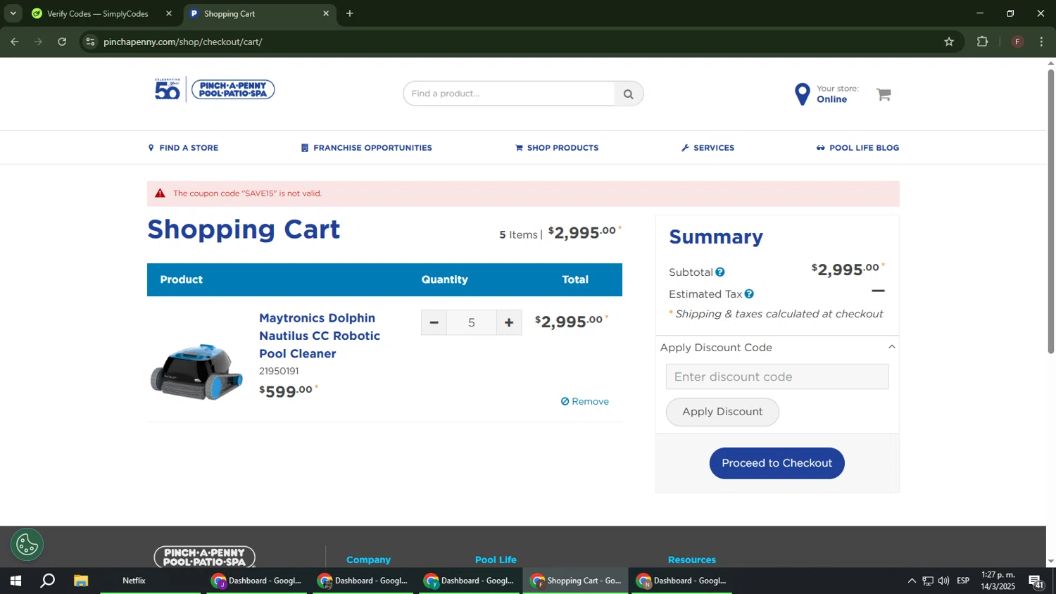Pinch a Penny coupon code screenshot showing code SAVE15 applied at Pinch a Penny checkout page. Uploaded by SimplyCodes community member ExtraordinaryHunter3076 on Mar 14, 2025