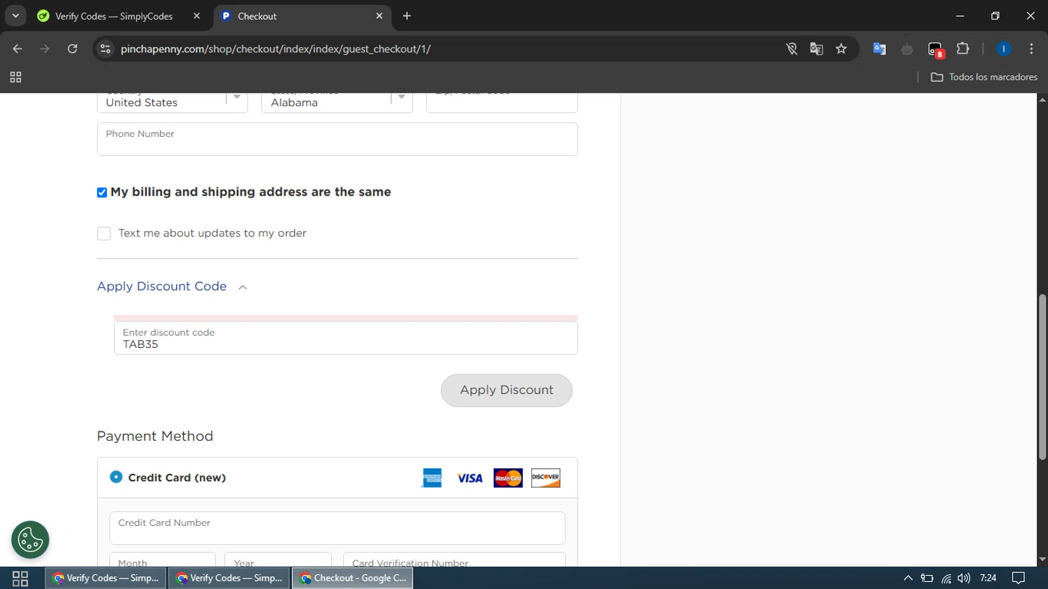 Pinch a Penny coupon code screenshot showing code TAB35 applied at Pinch a Penny checkout page. Uploaded by SimplyCodes community member ThriftyScout4426 on Mar 18, 2025