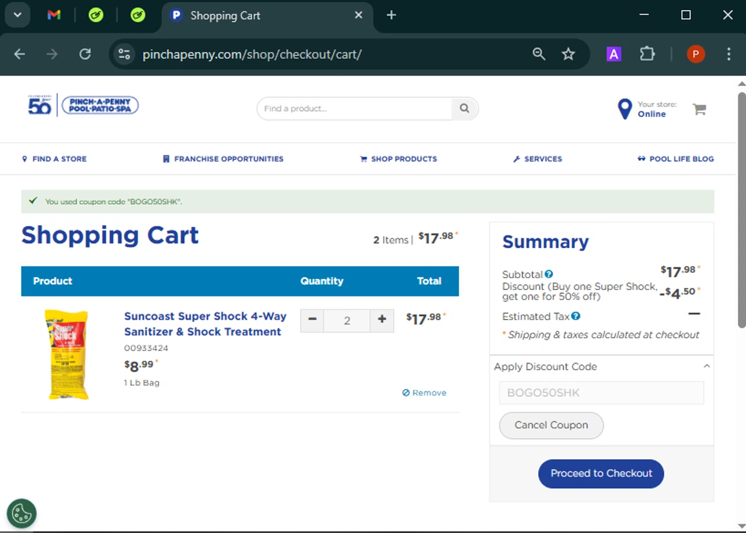 Pinch a Penny checkout page showing Pinch a Penny coupon code box | Screenshot taken by SimplyCodes community member on Mar 13, 2025