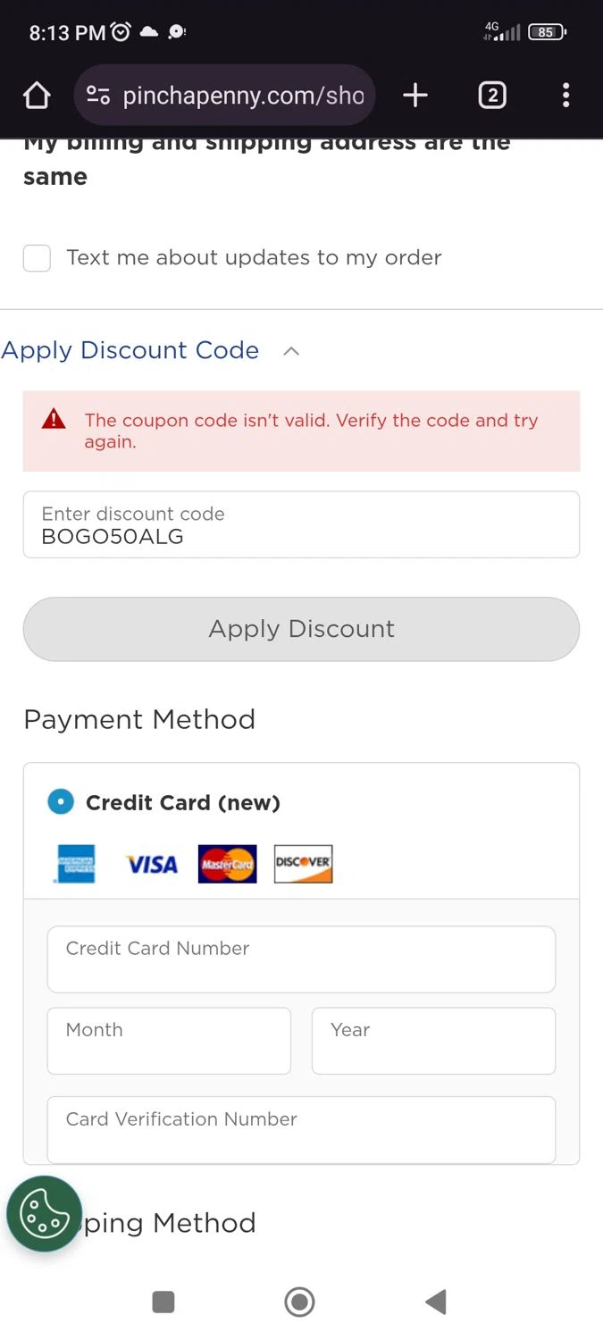 Pinch a Penny coupon code screenshot showing code BOGO50ALG applied at Pinch a Penny checkout page. Uploaded by SimplyCodes community member JulesCrnel on Apr 18, 2025