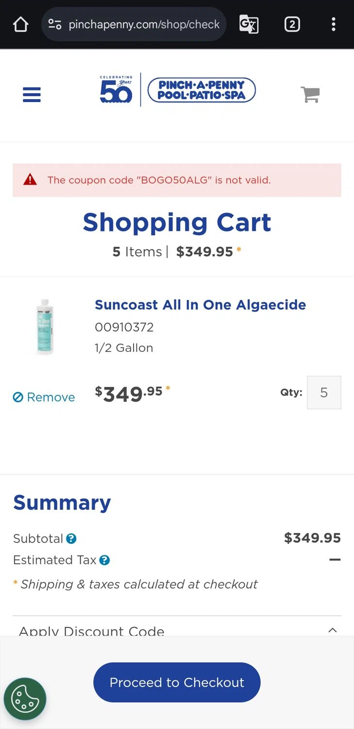 Pinch a Penny coupon code screenshot showing code BOGO50ALG applied at Pinch a Penny checkout page. Uploaded by SimplyCodes community member DiscountPioneer2554 on Apr 17, 2025