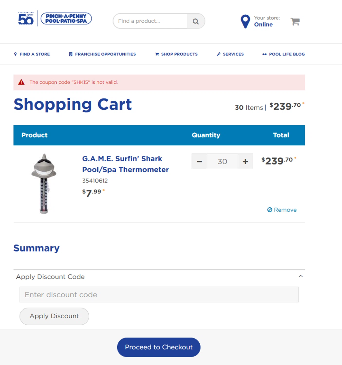 Pinch a Penny coupon code screenshot showing code SHK15 applied at Pinch a Penny checkout page. Uploaded by SimplyCodes community member BonusDefender8823 on Mar 12, 2025