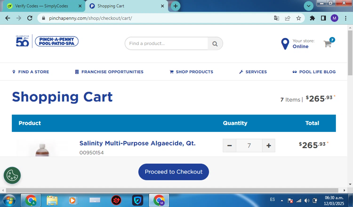 Pinch a Penny coupon code screenshot showing code SHK15 applied at Pinch a Penny checkout page. Uploaded by SimplyCodes community member dominictoretto on Mar 12, 2025