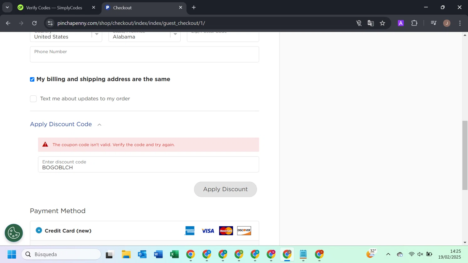 Pinch a Penny coupon code screenshot showing code BOGOBLCH applied at Pinch a Penny checkout page. Uploaded by SimplyCodes community member VoucherPilot6246 on Feb 19, 2025