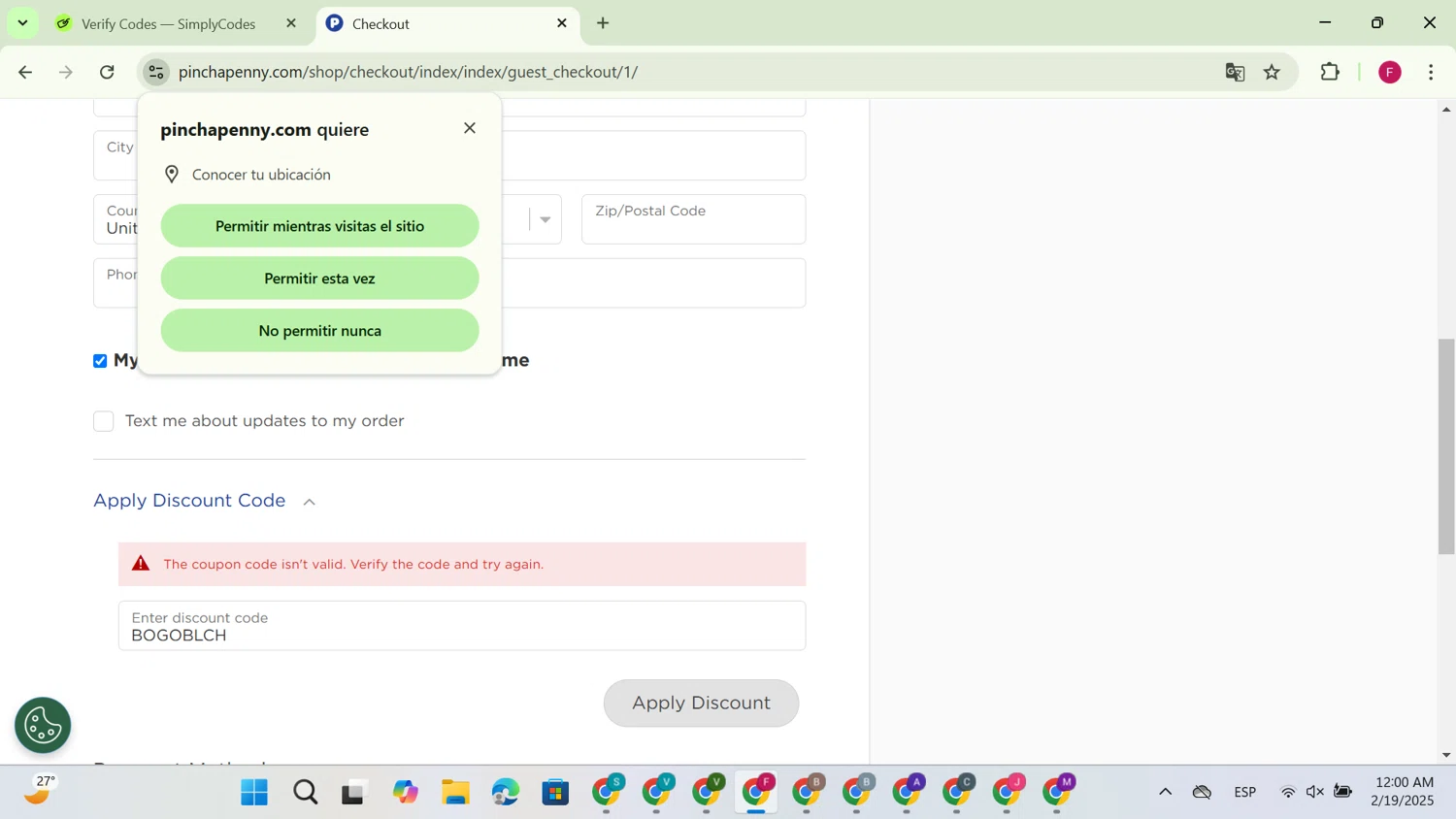 Pinch a Penny coupon code screenshot showing code BOGOBLCH applied at Pinch a Penny checkout page. Uploaded by SimplyCodes community member PennyMonarch581 on Feb 19, 2025