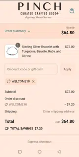 WELCOME10 coupon verification screenshot