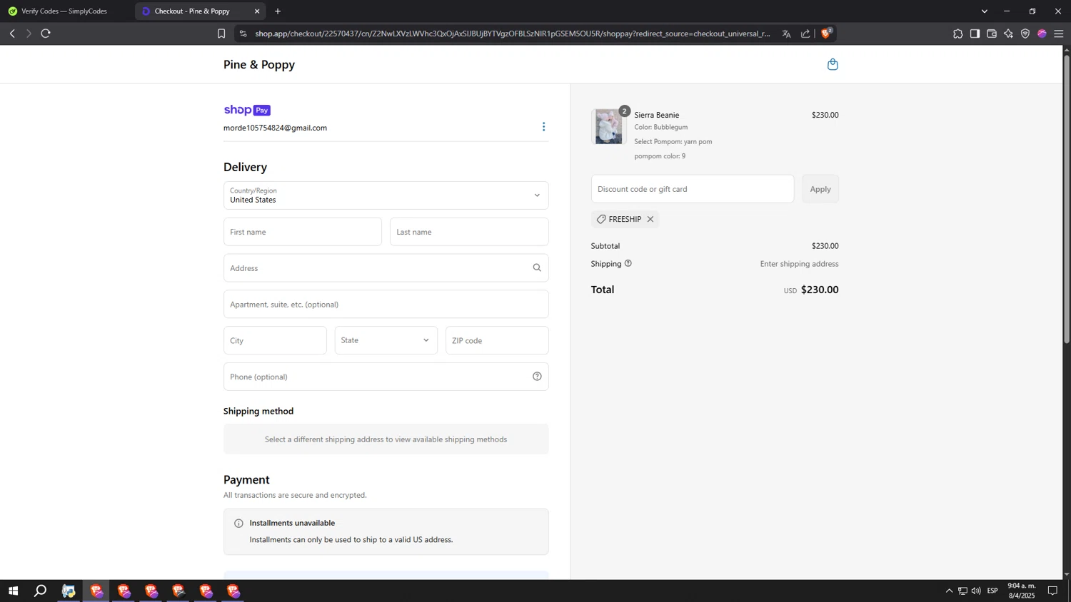 Pine & Poppy promo code screenshot showing code FREESHIP applied at Pine & Poppy checkout page. Uploaded by SimplyCodes community member aaaaaaaaaaaaaaaa on Apr 8, 2025