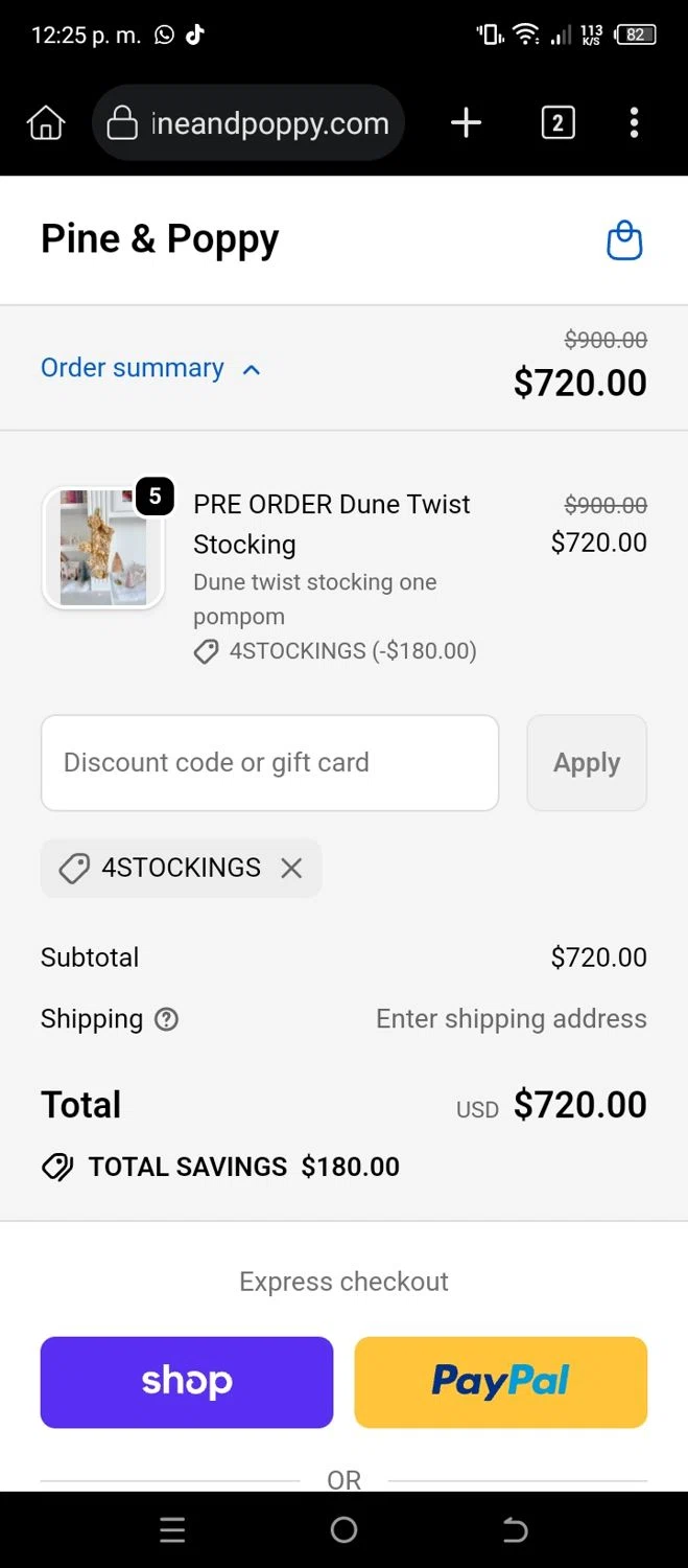 Pine & Poppy promo code screenshot showing code 4stockings applied at Pine & Poppy checkout page. Uploaded by SimplyCodes community member CleverSleuth6613 on Sep 19, 2025