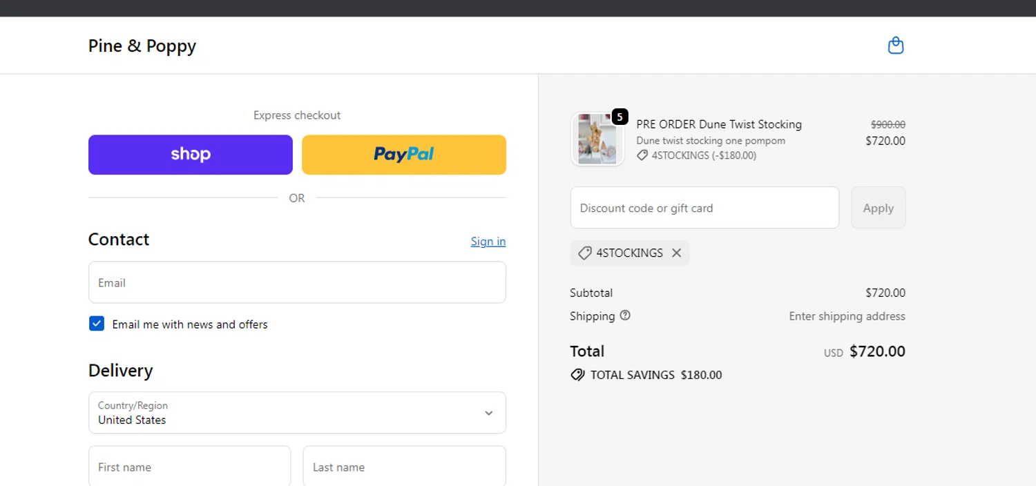 Pine & Poppy promo code screenshot showing code 4stockings applied at Pine & Poppy checkout page. Uploaded by SimplyCodes community member obito1234 on Oct 21, 2025