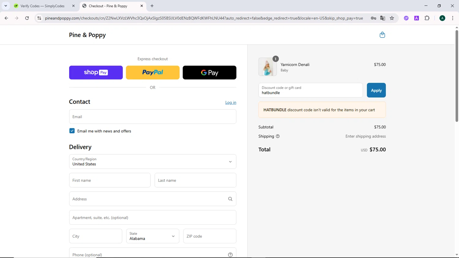 Pine & Poppy promo code screenshot showing code hatbundle applied at Pine & Poppy checkout page. Uploaded by SimplyCodes community member DiscountCurator2907 on Jun 6, 2025