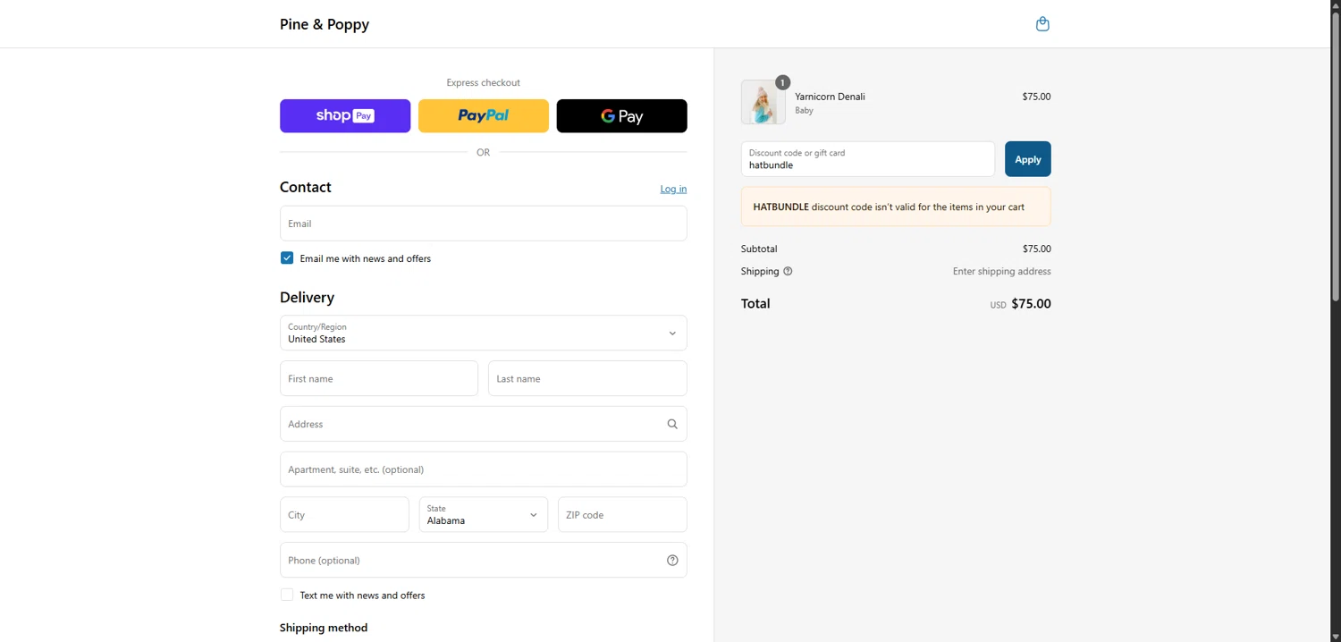 Pine & Poppy promo code screenshot showing code hatbundle applied at Pine & Poppy checkout page. Uploaded by SimplyCodes community member ShieldMaverick9079 on Jun 15, 2025