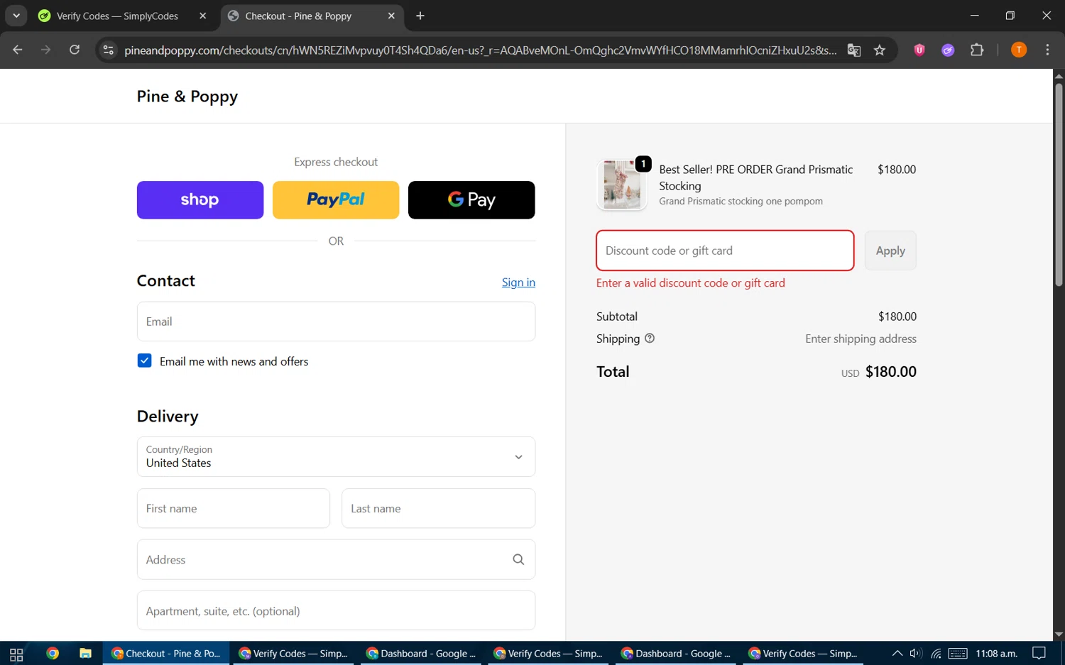 Pine & Poppy promo code screenshot showing code HOLIDAY applied at Pine & Poppy checkout page. Uploaded by SimplyCodes community member EpicHero3141 on Nov 18, 2025