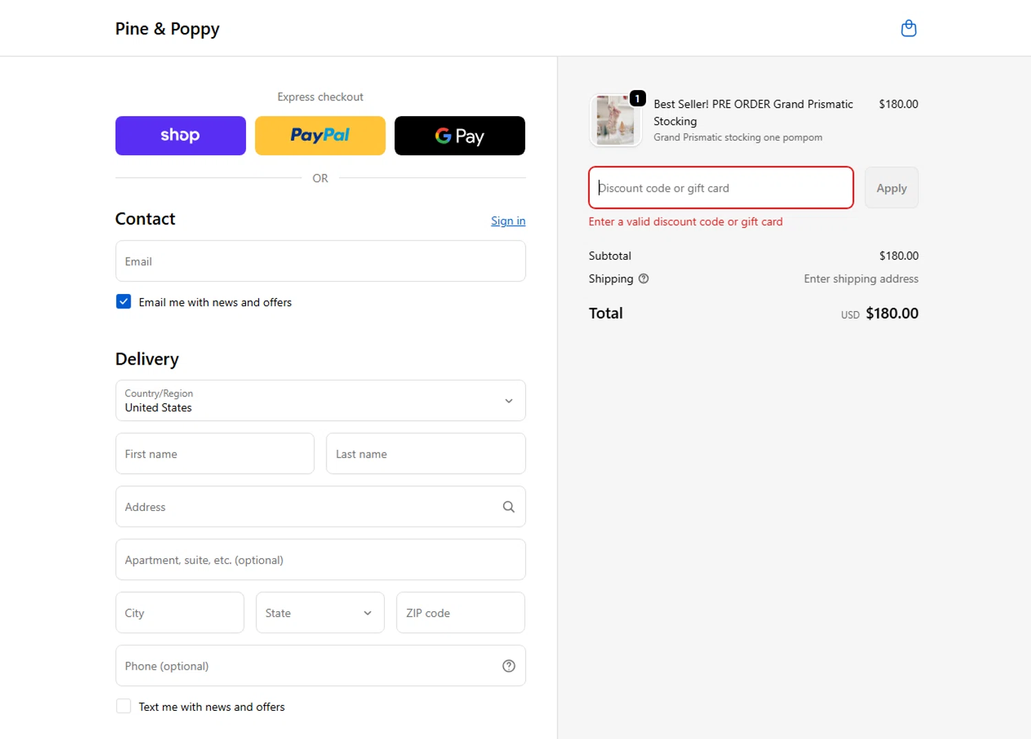 Pine & Poppy promo code screenshot showing code HOLIDAY applied at Pine & Poppy checkout page. Uploaded by SimplyCodes community member PennyTiger2554 on Nov 18, 2025