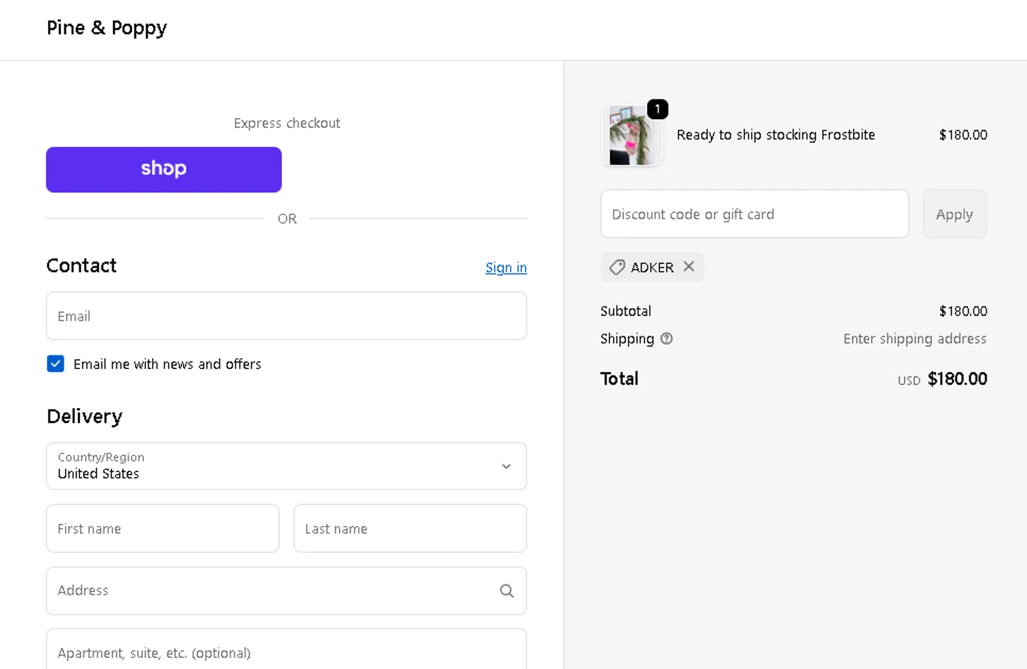 Pine & Poppy promo code screenshot showing code ADKER applied at Pine & Poppy checkout page. Uploaded by SimplyCodes community member CRYSTALSUICINE on Dec 26, 2025