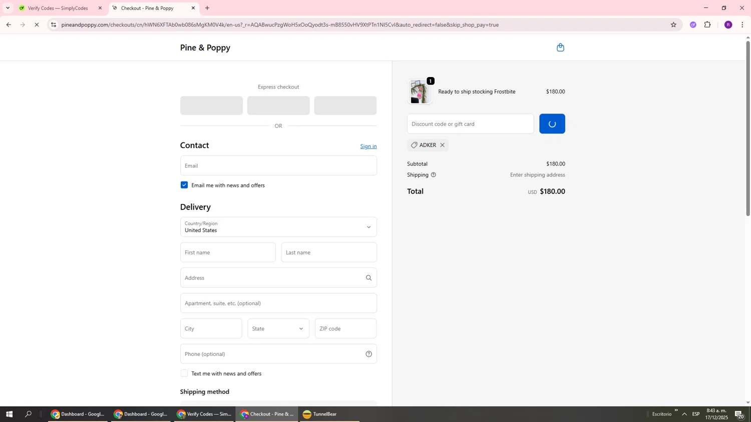 Pine & Poppy promo code screenshot showing code ADKER applied at Pine & Poppy checkout page. Uploaded by SimplyCodes community member ukemochi on Dec 17, 2025