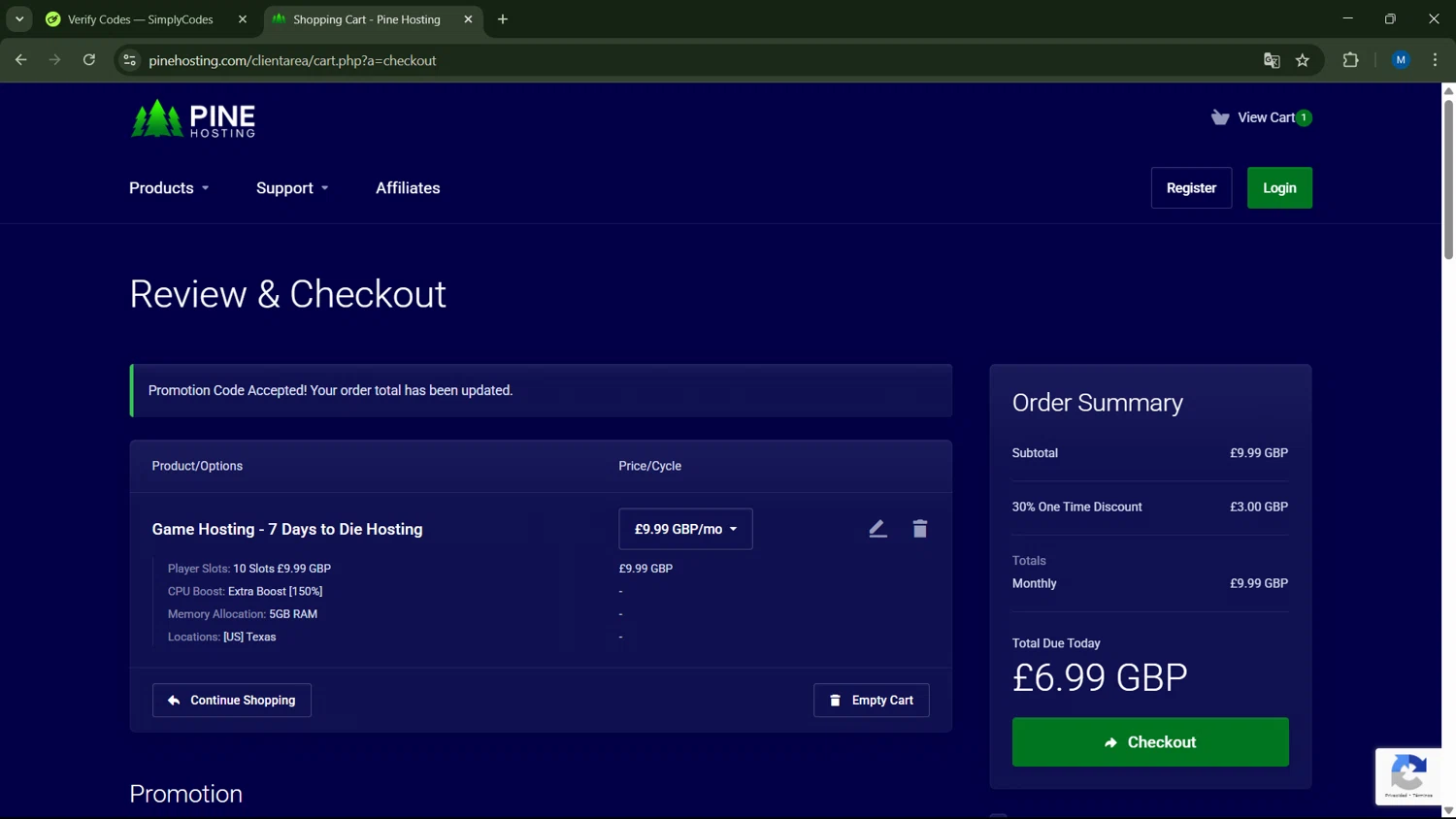 Pine Hosting promo code screenshot showing code WETHRIFT applied at Pine Hosting checkout page. Uploaded by SimplyCodes community member ScanNavigator5190 on Apr 2, 2025