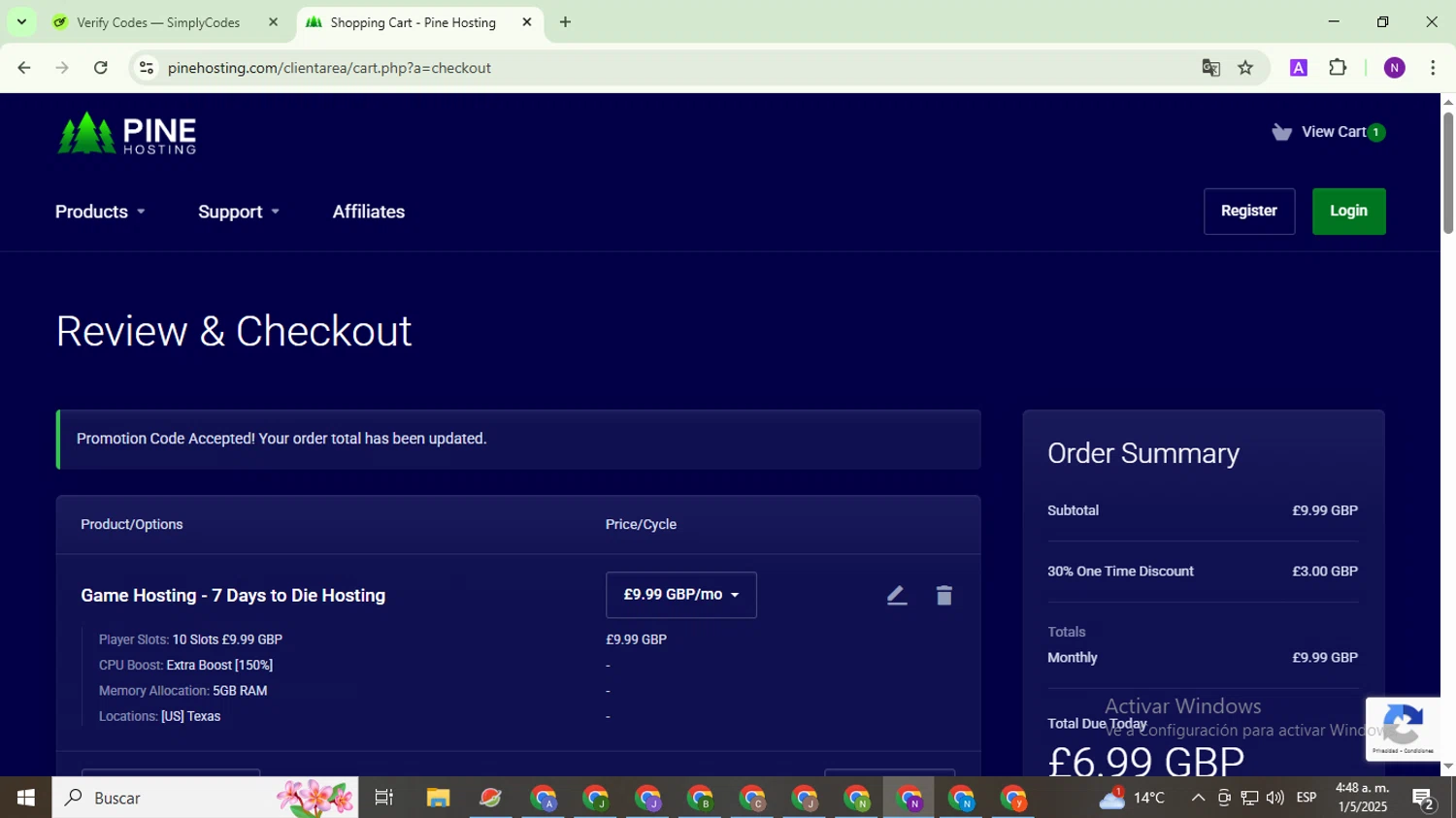 Pine Hosting promo code screenshot showing code WETHRIFT applied at Pine Hosting checkout page. Uploaded by SimplyCodes community member QuestOwl9632 on May 1, 2025