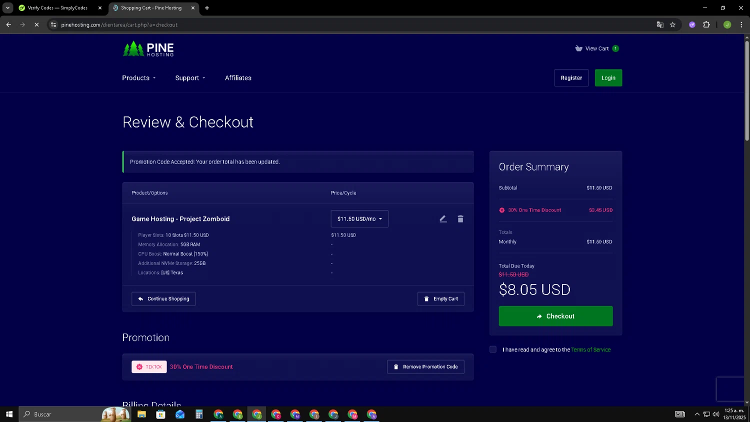 Pine Hosting promo code screenshot showing code TIKTOK applied at Pine Hosting checkout page. Uploaded by SimplyCodes community member SAIKOO on Nov 13, 2025