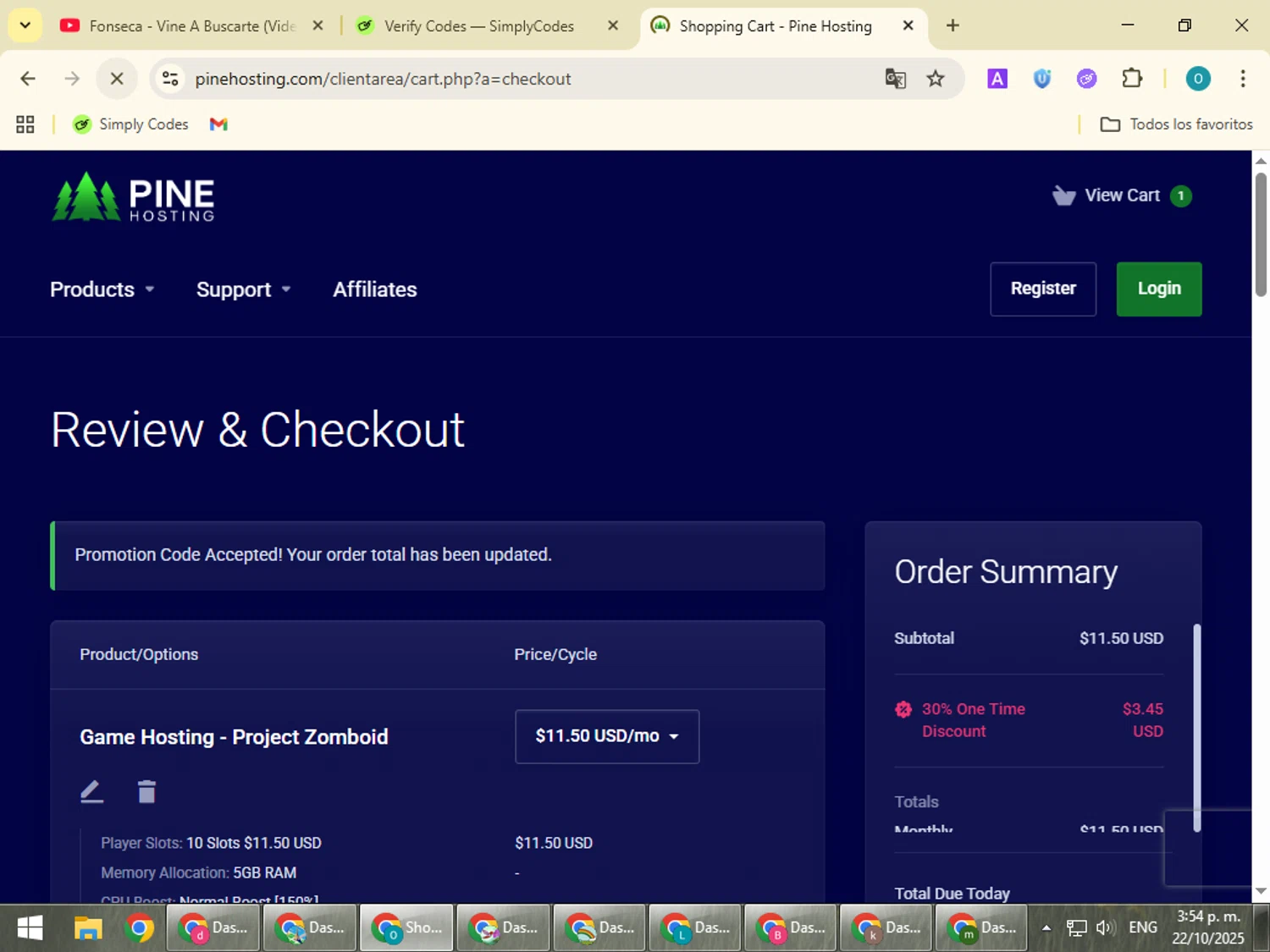 Pine Hosting promo code screenshot showing code HCSPOT applied at Pine Hosting checkout page. Uploaded by SimplyCodes community member BudgetSeeker9524 on Oct 22, 2025