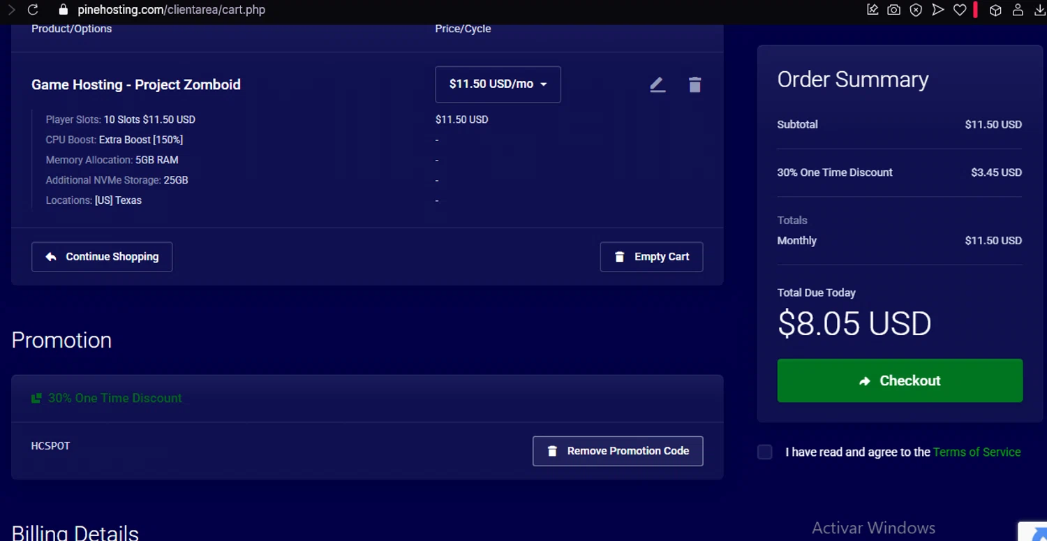 Pine Hosting promo code screenshot showing code HCSPOT applied at Pine Hosting checkout page. Uploaded by SimplyCodes community member THEPEKET on Apr 29, 2025