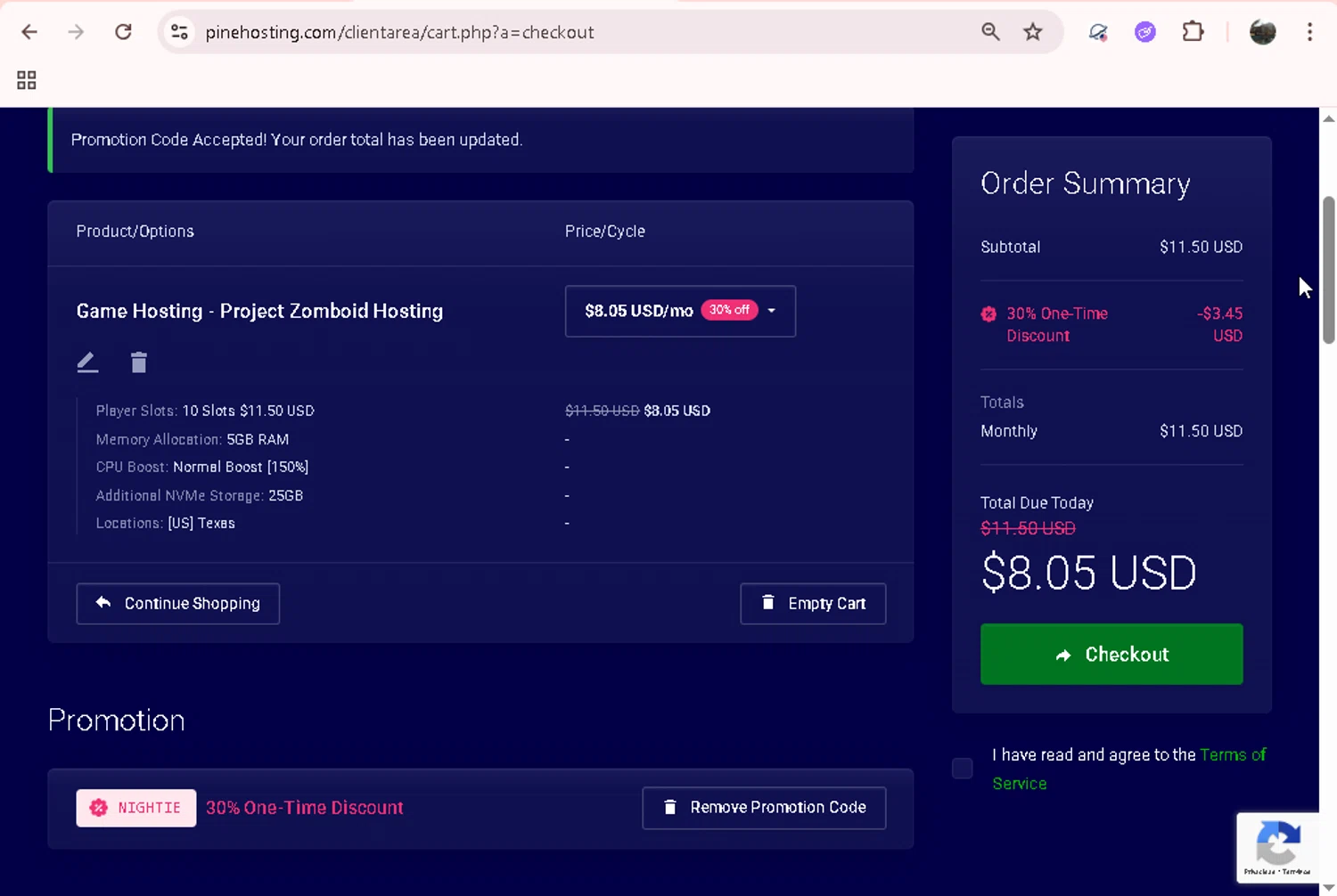 Pine Hosting checkout page showing Pine Hosting promo code box | Screenshot taken by SimplyCodes community member on Jan 1, 2026