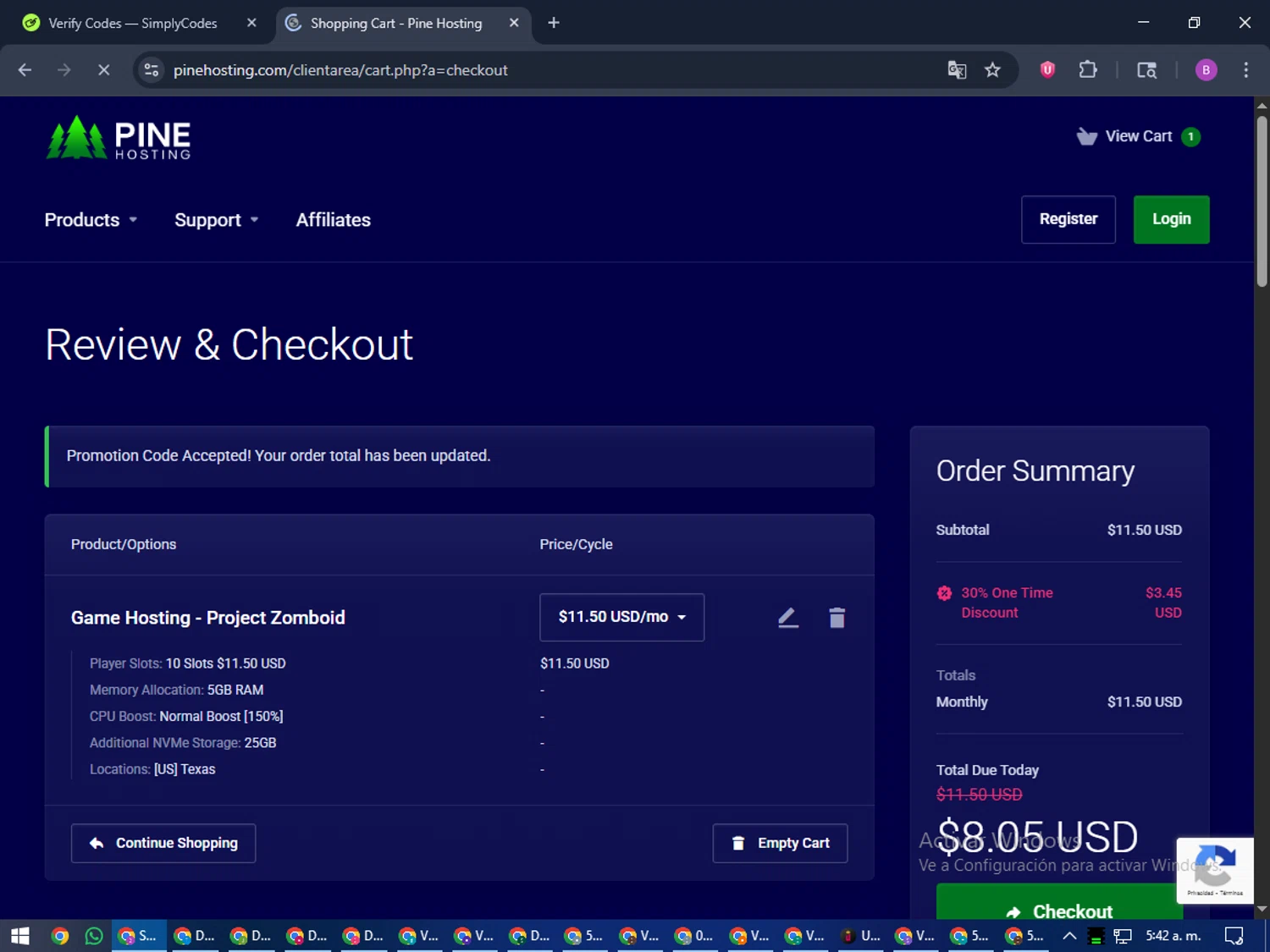 Pine Hosting promo code screenshot showing code NIGHTIE applied at Pine Hosting checkout page. Uploaded by SimplyCodes community member travisscott on Nov 4, 2025