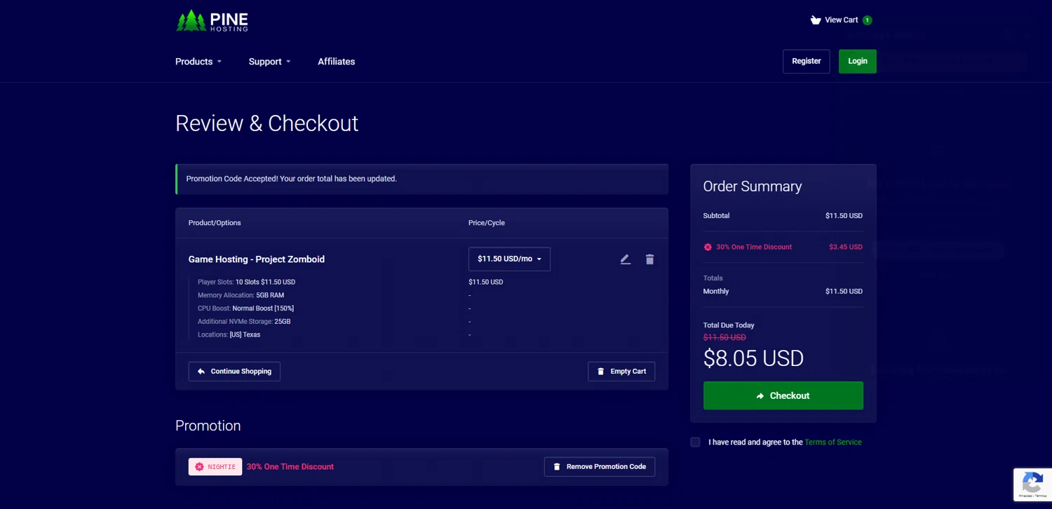 Pine Hosting promo code screenshot showing code NIGHTIE applied at Pine Hosting checkout page. Uploaded by SimplyCodes community member pabloprieto on Oct 28, 2025