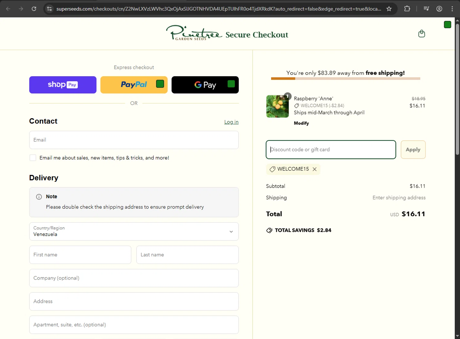 Pinetree Garden Seeds promo code screenshot showing code WELCOME15 applied at Pinetree Garden Seeds checkout page. Uploaded by SimplyCodes community member MAHORAGA on Apr 10, 2025