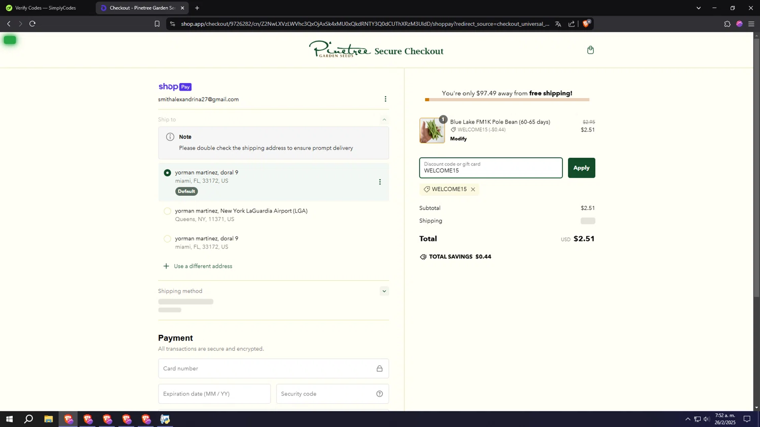 Pinetree Garden Seeds promo code screenshot showing code WELCOME15 applied at Pinetree Garden Seeds checkout page. Uploaded by SimplyCodes community member HUMANIZER on Feb 26, 2025