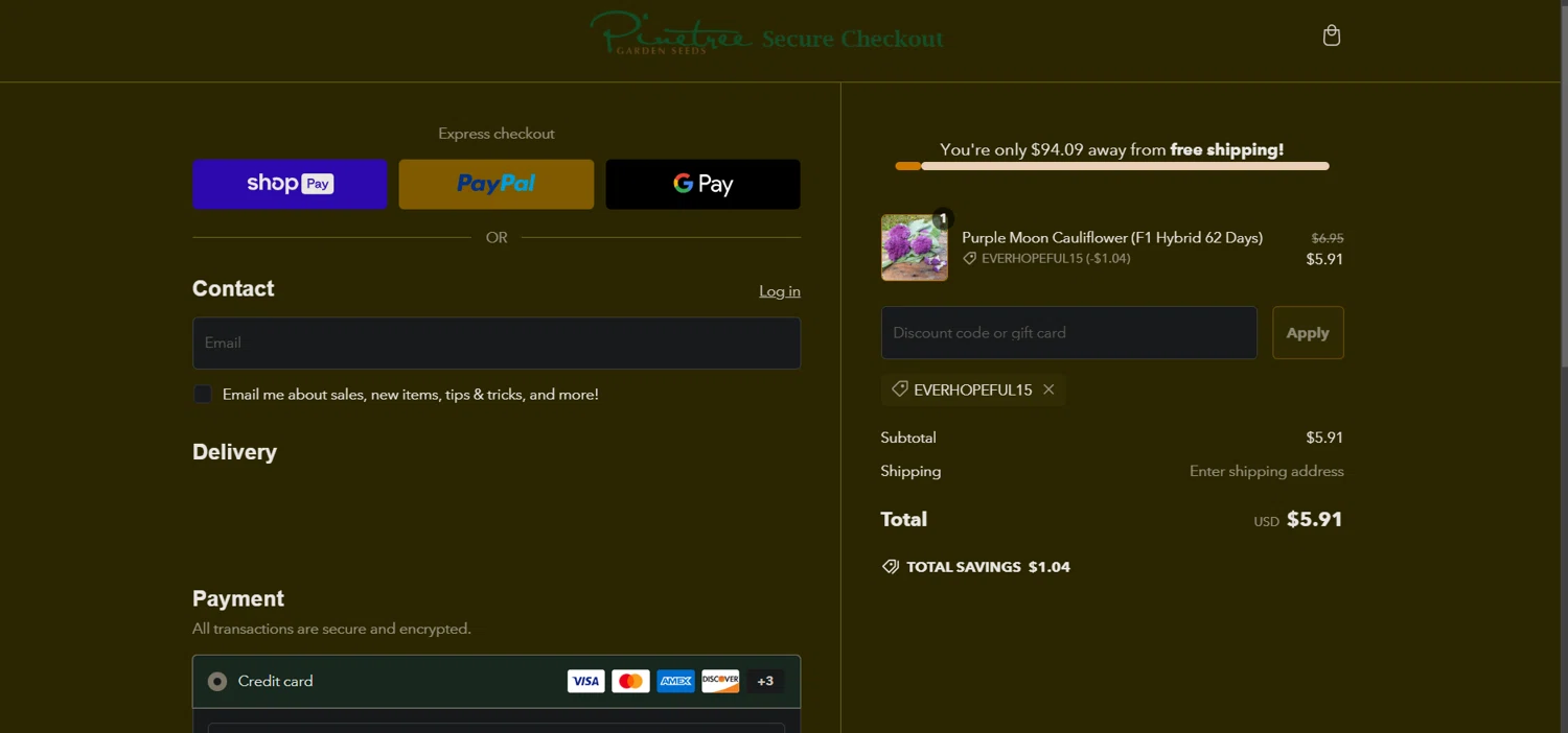 Pinetree Garden Seeds promo code screenshot showing code EVERHOPEFUL15 applied at Pinetree Garden Seeds checkout page. Uploaded by SimplyCodes community member Ray_YNN on Feb 19, 2025