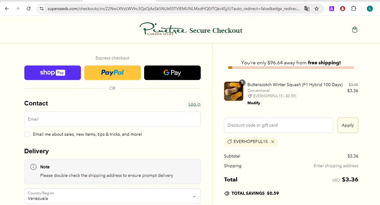 Pinetree Garden Seeds promo code screenshot showing code EVERHOPEFUL15 applied at Pinetree Garden Seeds checkout page. Uploaded by SimplyCodes community member VictoriousGuardian220 on Mar 6, 2025