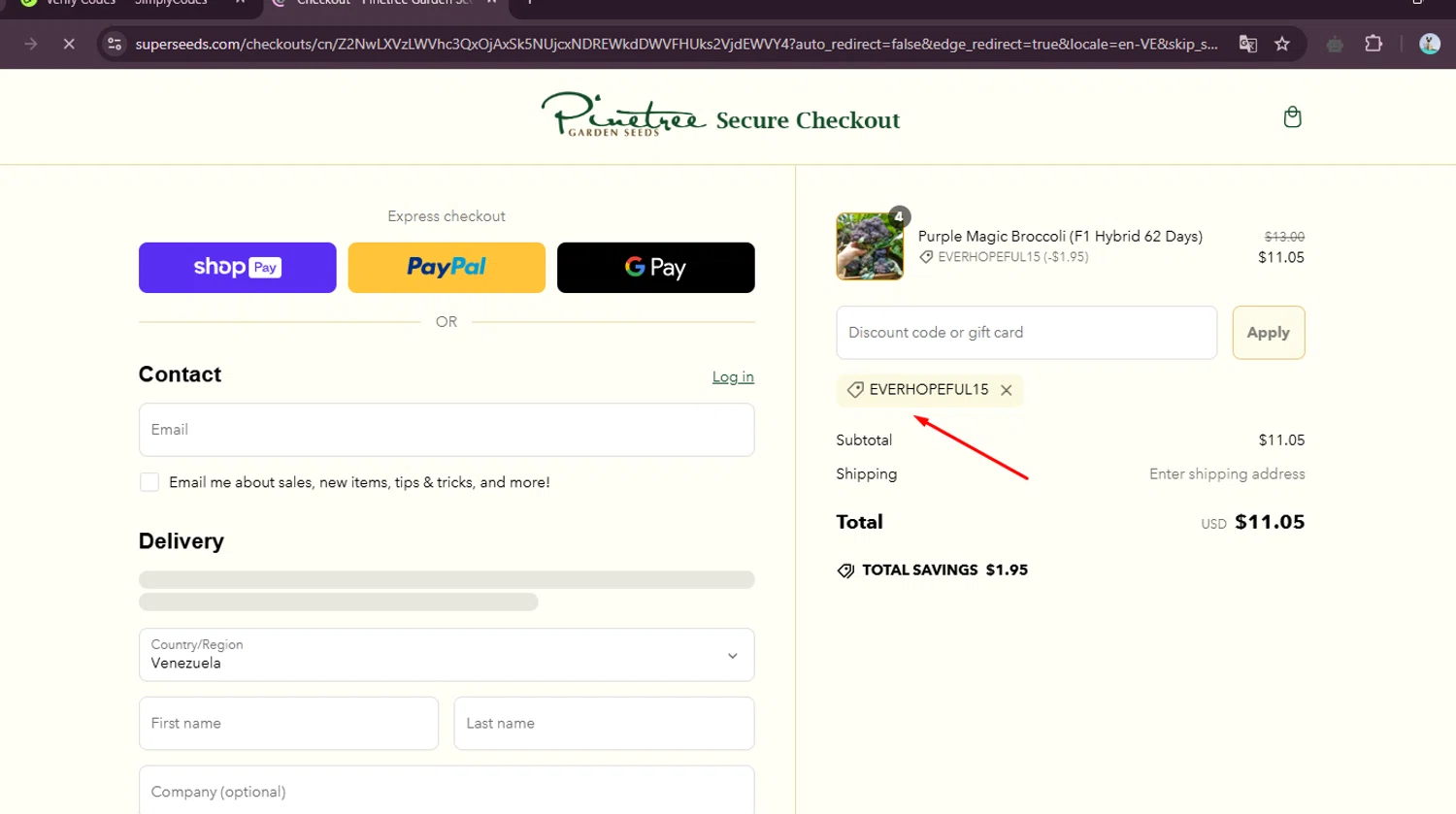 Pinetree Garden Seeds promo code screenshot showing code EVERHOPEFUL15 applied at Pinetree Garden Seeds checkout page. Uploaded by SimplyCodes community member elgatobravo on Mar 6, 2025